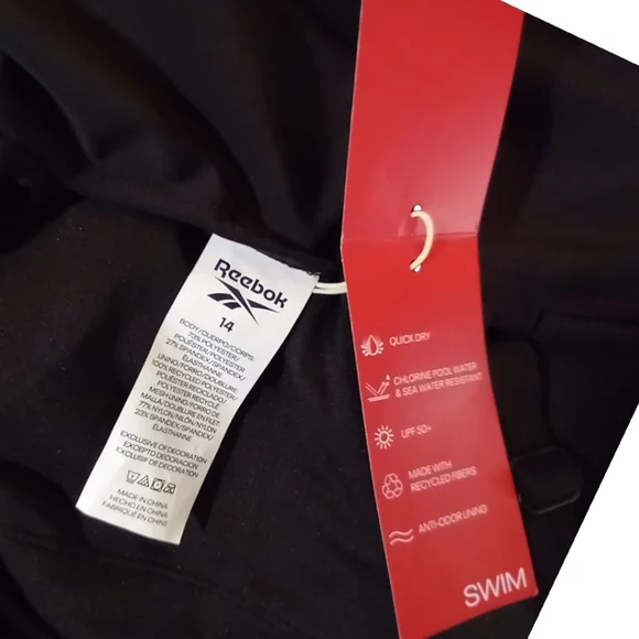 Reebock NWT $100 1 piece Black & Abstract Splash Full Coverage Swim Suit - Picture 5 of 6